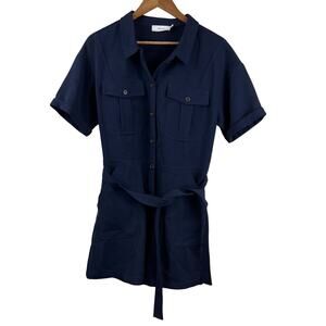 Greylin Button Romper‎ Large Navy Blue Belted Short Sleeve Preppy Classic Staple